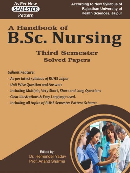 A Handbook of B.Sc. Nursing Third Semester Solved Papers – As per New RUHS Jaipur Semester Pattern Syllabus, Unitwise Questions & Answers, Edited by Dr. Hemender Yadav & Prof. Anand Sharma, Dewan, English Medium